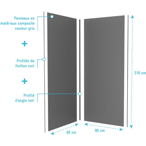 lot de 2 panneaux muraux aluminium gris 90+90x210 cm avec profilés noir mat - wall'it