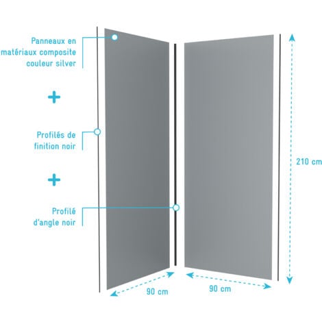 lot de 2 panneaux muraux aluminium silver 90+90x210 cm avec profilés noir mat - wall'it