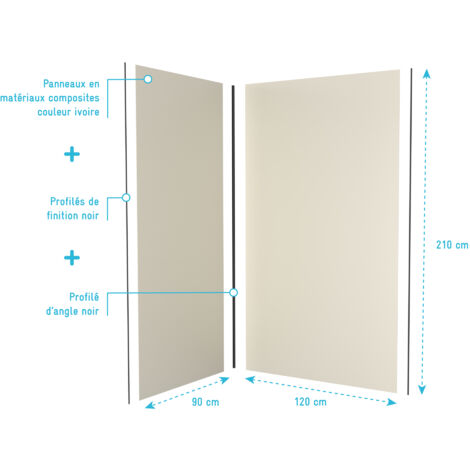 LOT de 2 Panneaux Muraux Aluminium IVOIRE 90+120x210 cm avec Profilés NOIR MAT - WALL'IT