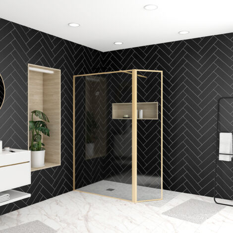paroi de douche avec volet pivotant 120+40x200 cm - finition or doré brossé - goldy contouring