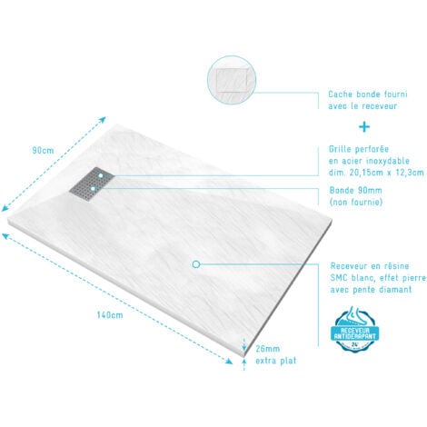 pack receveur blanc effet pierre 90x140 cm et grille décor perforée en inox