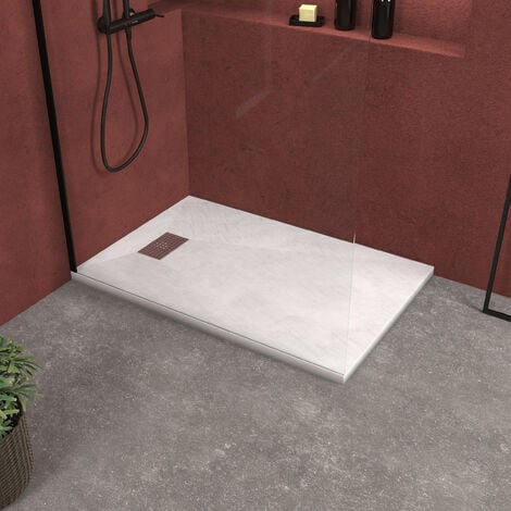 Pack Receveur Blanc Effet Pierre 80x120 cm et Grille décor Perforée en Inox