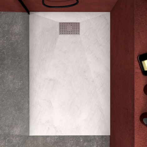 Pack Receveur Blanc Effet Pierre 80x120 cm et Grille décor Perforée en Inox