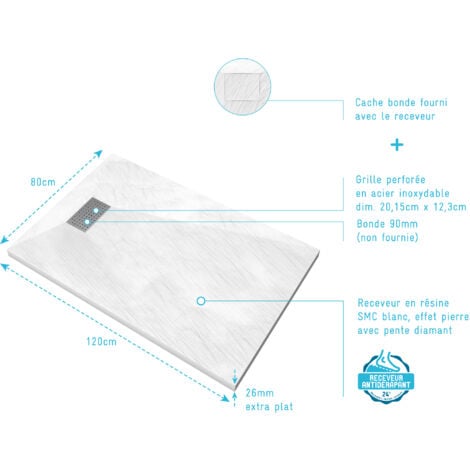 Pack Receveur Blanc Effet Pierre 80x120 cm et Grille décor Perforée en Inox
