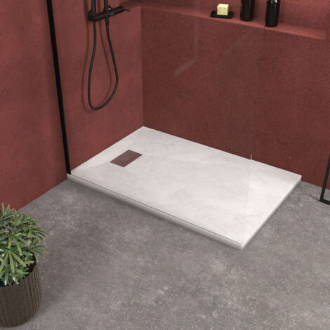 receveur de douche blanc effet pierre 90x140 cm et grille décor linéaire en inox