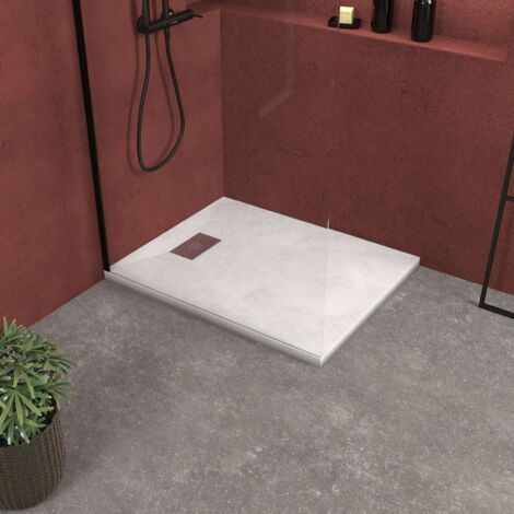 receveur de douche blanc effet pierre 80x100 cm et grille décor perforée en inox (1/5)