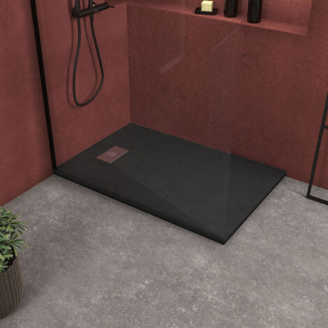 receveur de douche noir effet pierre 80x120 cm et grille décor perforée en inox (1/5)