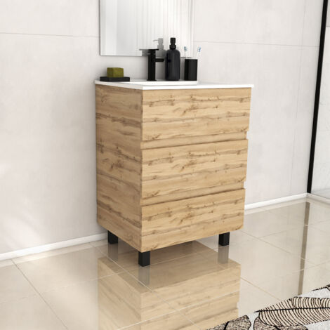 meuble de salle de bains 60cm 3 tiroirschêne naturel + vasque céramique blanche - timber 60