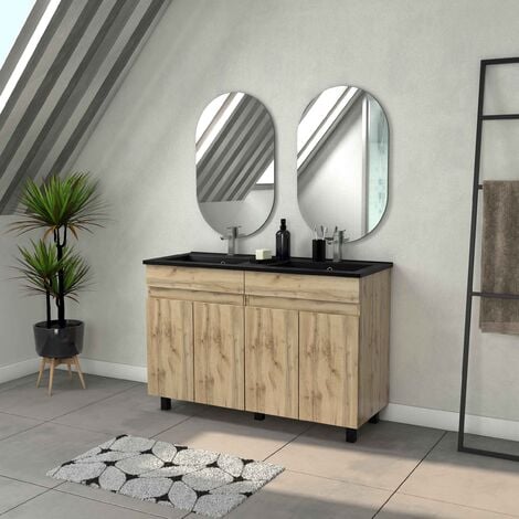 Aurlane - Meuble salle de bains 120cm 4 portes Chêne industriel + vasque noire et Miroirs ovales