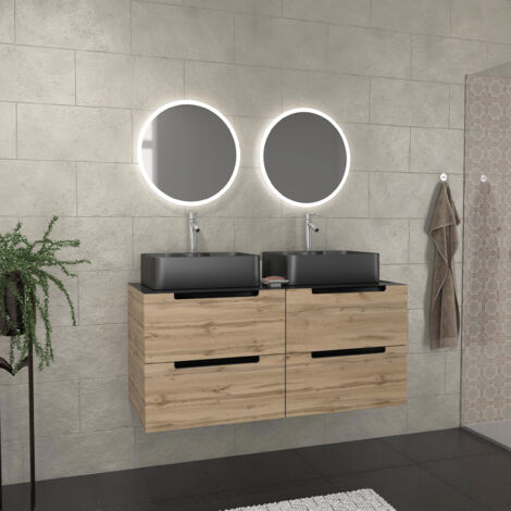 meuble salle de bains 120cm chene et noir, vasques rectangulaires et miroirs led diam 50cm - omega (1/5)