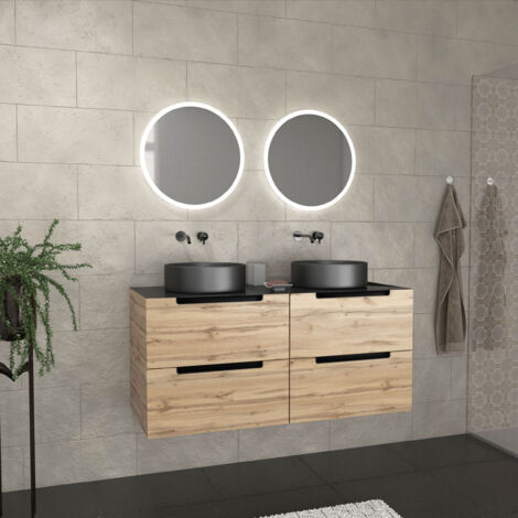 meuble salle de bains 120cm chene et noir, vasques rondes diam 36cm et miroirs led diam 50cm - omega (1/5)