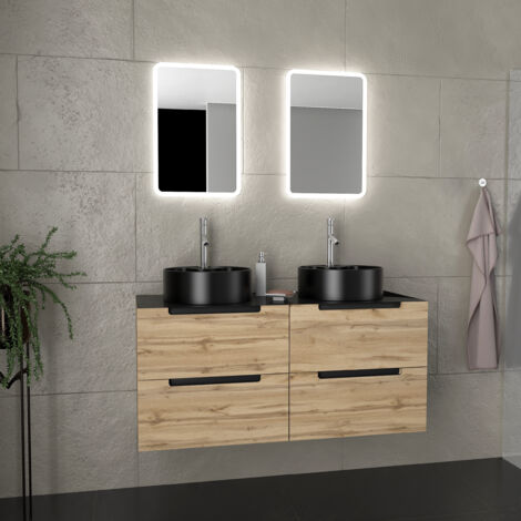 meuble salle de bains 120cm chene et noir, vasques rondes diam 41cm et miroirs led 40x60 - omega (1/5)