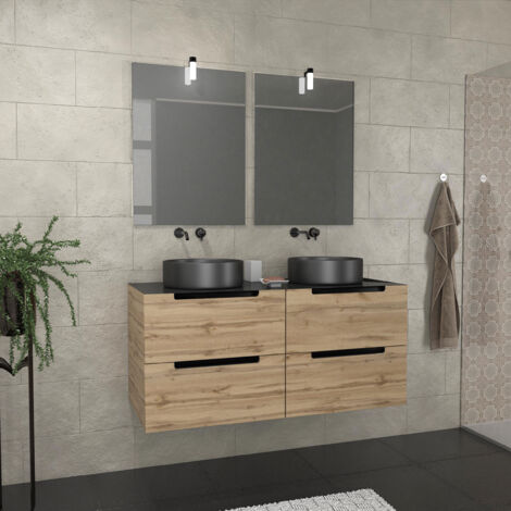 meuble salle de bains 120cm chene et noir, vasques rondes diam 36 et miroirs avec appliques 55x75 (1/5)