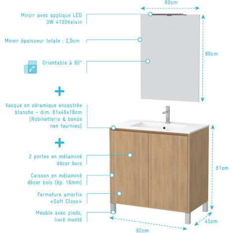 Meuble en bois 60cm - vasque - miroir applique LED - Ready - AURLANE