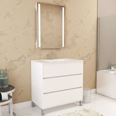 pack meuble salle de bains 80cm blanc 3 tiroirs, vasque, miroir 60x80 à leds intégrées - xenos (1/5)