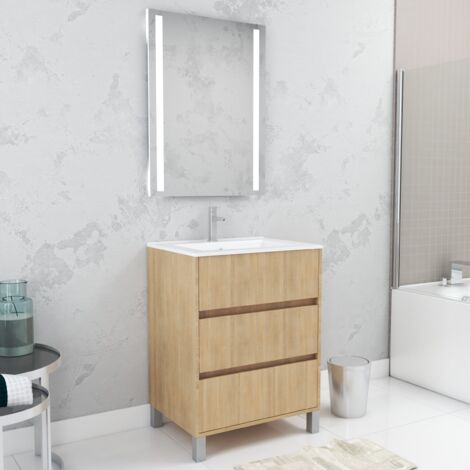 pack meuble salle de bains 60cm chêne clair 3 tiroirs, vasque, miroir 60x80 à leds intégrées - xenos