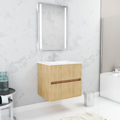 pack meuble salle de bains 60cm chêne clair 2 tiroirs, vasque, miroir 60x80 à leds intégrées - xenos (1/4)