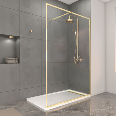paroi de douche 140x200cm + grille finition or doré brossé + receveur blanc effet pierre 140x80x5cm (1/5)