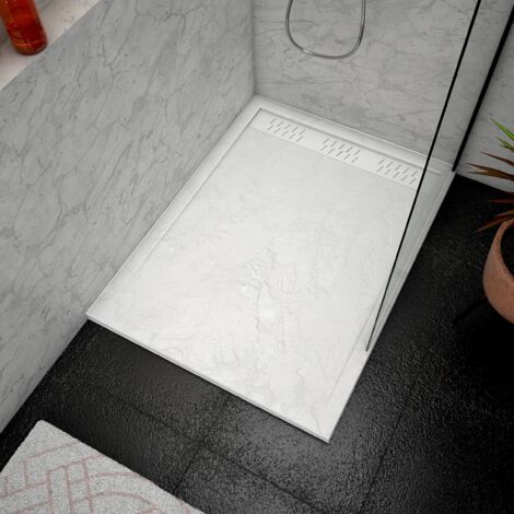 receveur en acrylique blanc effet pierre 90x120x4 cm + grilles linéaires chrome et blanche mate