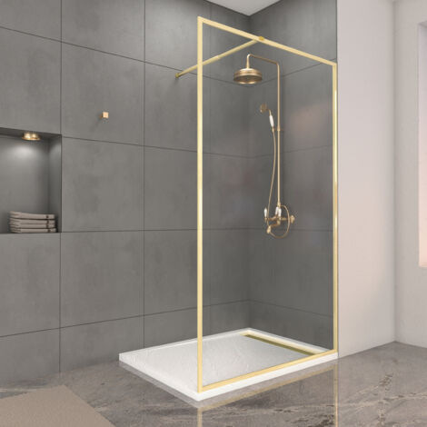 paroi de douche 120x200cm + grille finition or doré brossé + receveur blanc effet pierre 120x90x4cm (1/5)