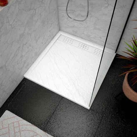 receveur en acrylique blanc effet pierre 90x90x4 cm + grilles linéaires chrome et blanche mate