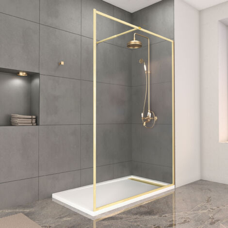 paroi de douche 140x200cm + grille finition or doré brossé + receveur blanc 140x80x5cm (1/5)