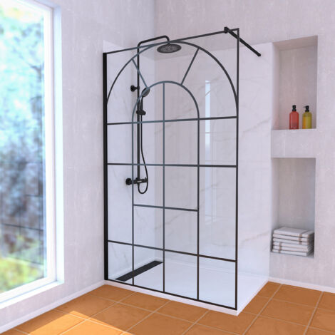 paroi de douche 120x195 motif verrière + receveur 80x120 + colonne de douche noire thermostatique (1/5)