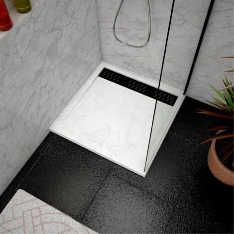 receveur en acrylique blanc effet pierre 80x80x4 cm + grilles linéaires chrome et noire - moon