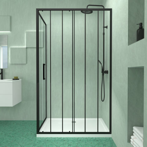 Aurlane – Porte de douche coulissante 120x200 cm – Paroi fixe 80x200 cm – Verre trempé sérigraphié noir – Receveur acrylique blanc antidérapant (1/5)