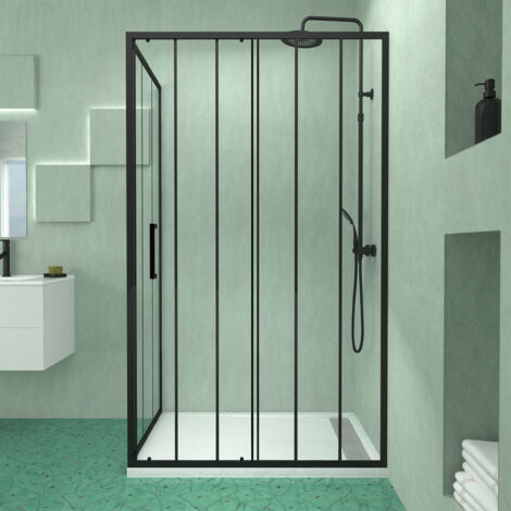 porte coulissante et retour avec sérigraphie noire 120x80x200 cm + receveur blanc effet pierre (1/5)