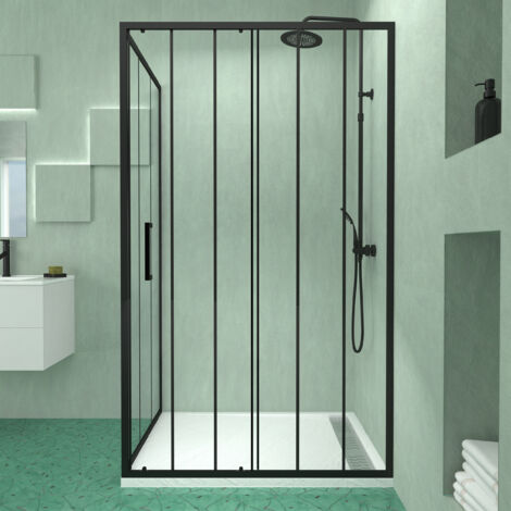 porte coulissante et retour avec sérigraphie noire 120x90x200 cm + receveur blanc effet pierre (1/5)
