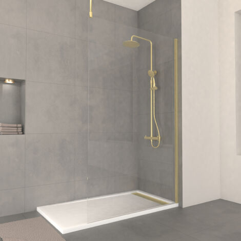 paroi de douche 120x200cm verre 8mm - profilé + barre plafond finition or brossé - freedom 2 gold