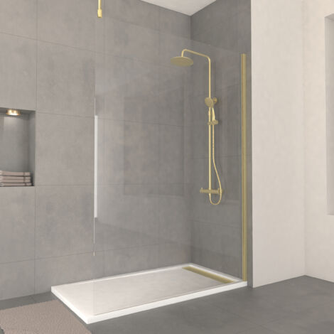 paroi de douche 140x200cm verre 8mm - profilé + barre plafond finition or brossé - freedom 2 gold
