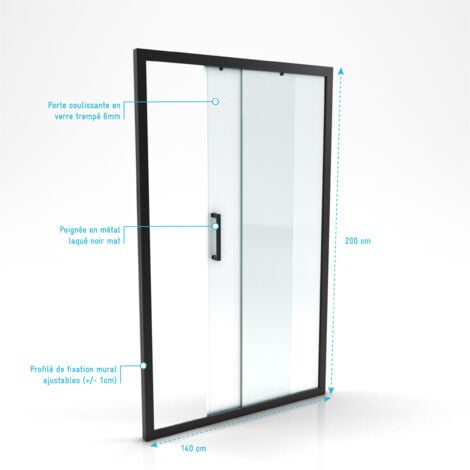 Paroi de douche AURLANE Crush 1 porte coulissante - 140x200 cm - Verre transparent - Profilé Noir