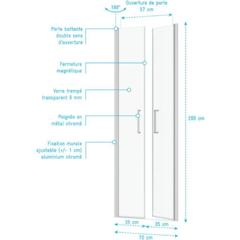 porte de douche double battant 70x200cm - verre trempé transparent 6mm - profil chromé