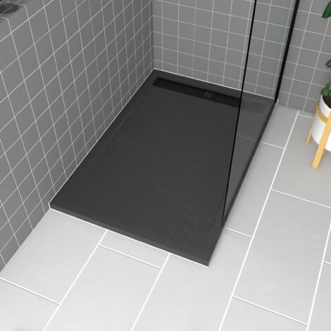 receveur en acrylique gris effet pierre 90x120x4 cm + grilles linéaires chrome et noire - meteora (1/5)