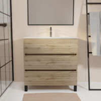 meuble de salle de bains 70 cm timber - décor chêne naturel 3 tiroirs avec vasque blanche