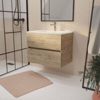 meuble de salle de bains suspendu 70 cm timber - décor chêne naturel 2 tiroirs avec vasque blanche