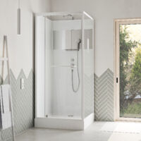 cabine de douche carrée 90x90cm porte pivotante - blanche - bande effet miroir - square stripe