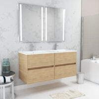 meuble salle de bains 120 cm chêne clair 4 tiroirs, vasque, miroirs 60x80 à leds intégrées - xenos