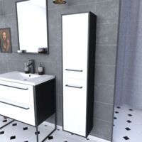 colonne de salle de bain noir mat 30x35x150 cm avec 2 portes blanches et poignées noir mat