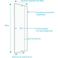 Paroi porte de douche pivotante blanc extensible 79 à 90cm de largeur - verre transparent - WHITY