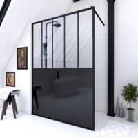 paroi de douche 140x200 cm type verriere - verre trempe et structure aluminium noir mat