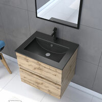 Meuble salle de bain 60 x 80cm - Finition chene naturel + vasque noire + miroir - TIMBER 60 - Pack07