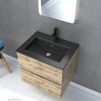 Meuble salle de bain 60x54 - Finition chene naturel + vasque noire + miroir Led - TIMBER 60 - Pack08