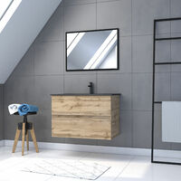 Meuble de salle de bain 80x54cm - Finition chene naturel + vasque noire + miroir - TIMBER 80 - Pack11