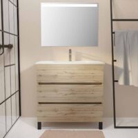 pack meuble sdb 80cm sur pieds 3 tiroirs chenevasque blanche + miroir led - timber 80pack46