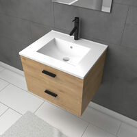 Meuble salle de bain 60 cm monte suspendu decor bois H46xL60xP45cm - avec tiroirs - vasque et miroir