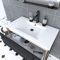 Meuble salle de bain 80x50cm - vasque blanche 80x50 cm - 2 tiroirs noir mat + miroir LED