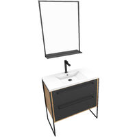 Meuble de salle de bain 80x50cm - vasque blanche 80x50cm - 2 tiroirs noir mat + miroir